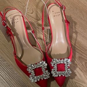 A New Day Red Satin Heels with Crystal Embellishment